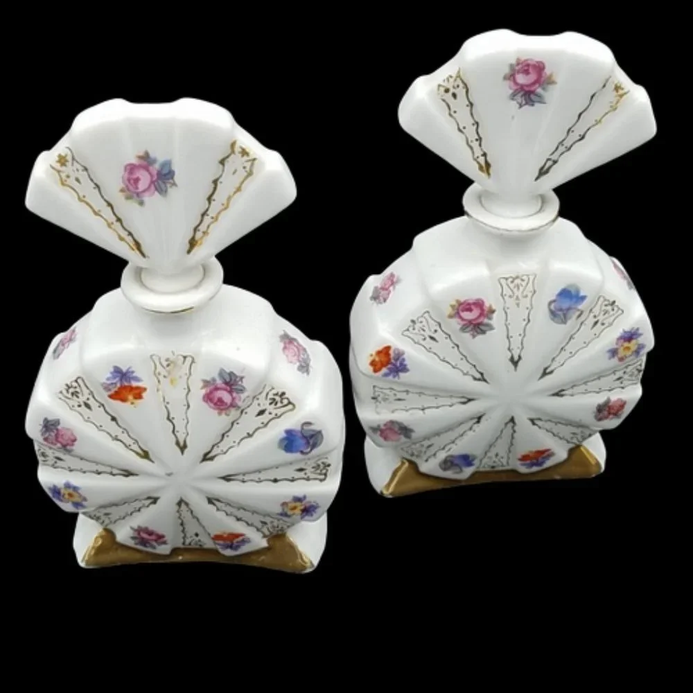 Vintage Pair Milk Glass Hand Painted Scent Bottles Japan